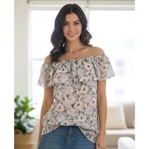 Rebecca Taylor Woman SP Silk Floral Ruffle Blouse Top Cap Sleeve Off Shoulder